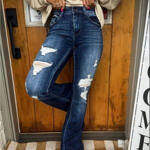 NWT PETRA 153 Distressed Dark Wash Mid-Rise Flare Stretch Jeans